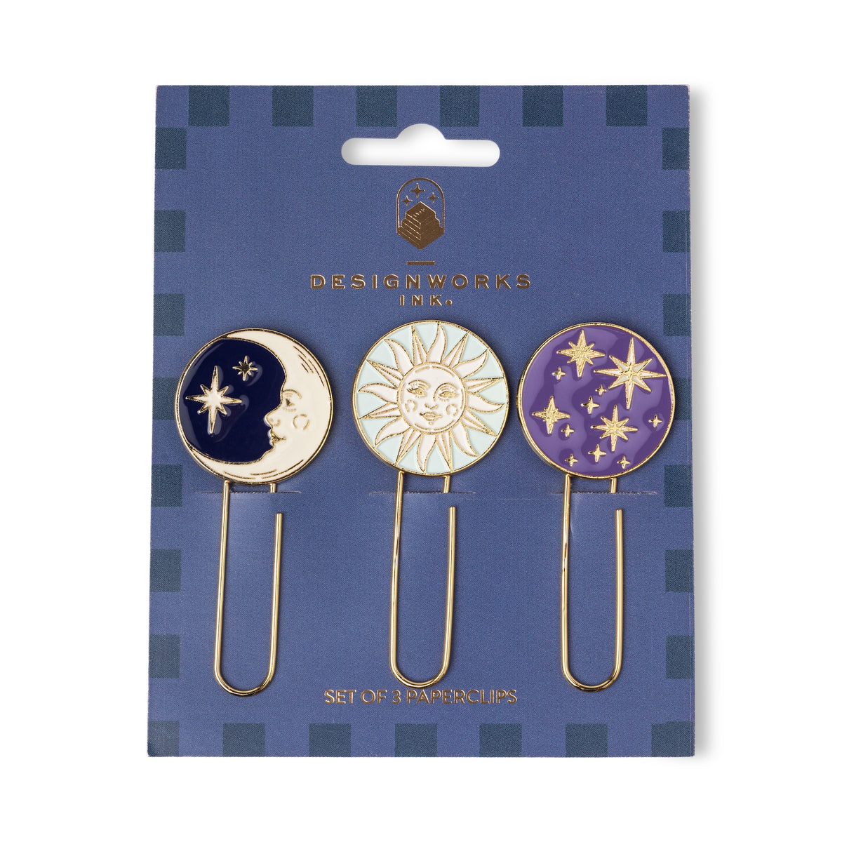Set of 3 celestial coin paperclips with gold metal clips: moon, sun, stars
