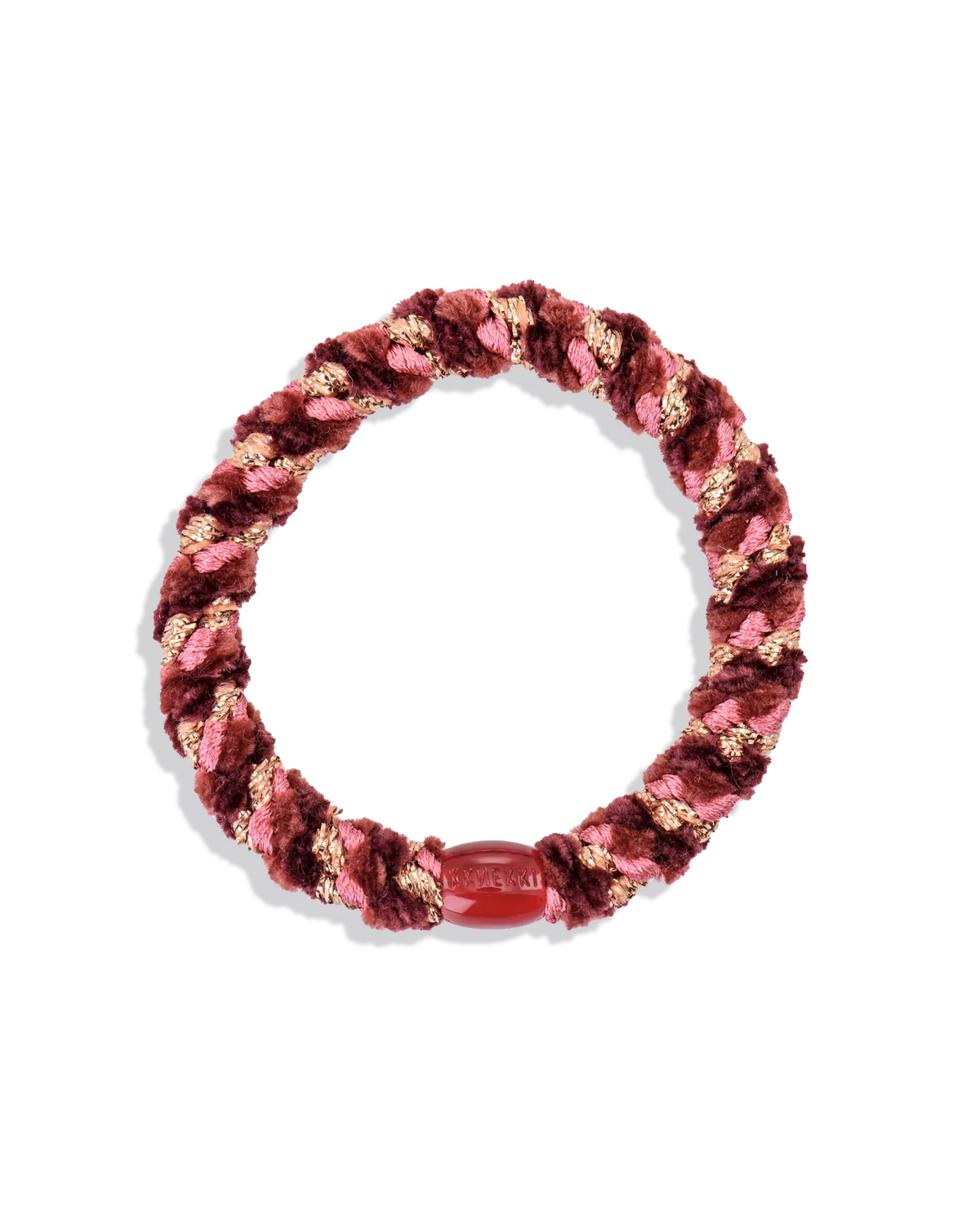 Woven glitter hair tie in pink and rose with a maroon center band