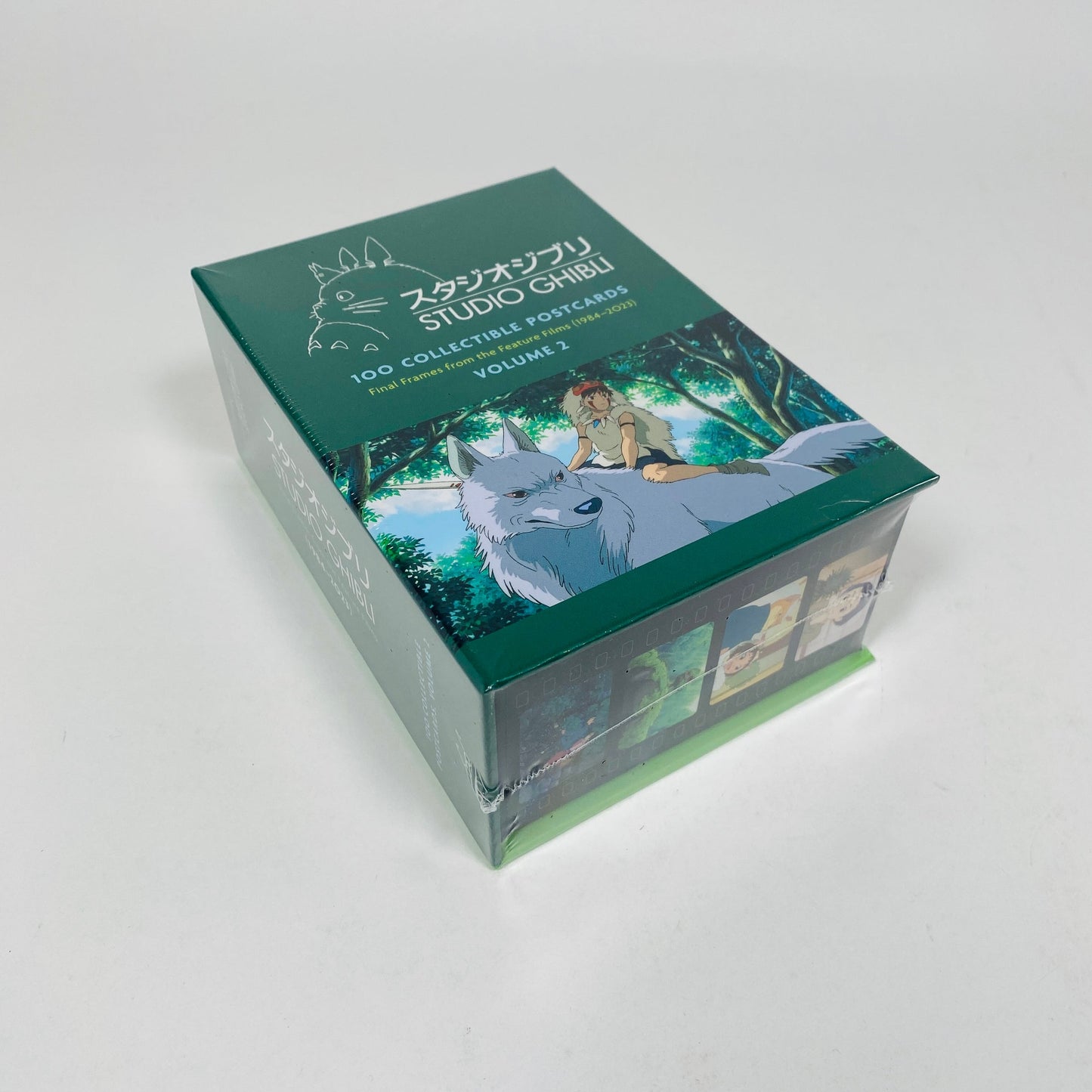 Studio Ghibli postcard set, Volume 2 box angled view with green wolf and characters