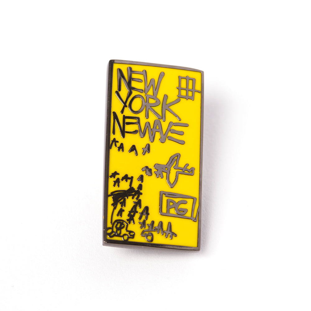 Rectangular yellow enamel pin with black graffiti “New York New Wave” text