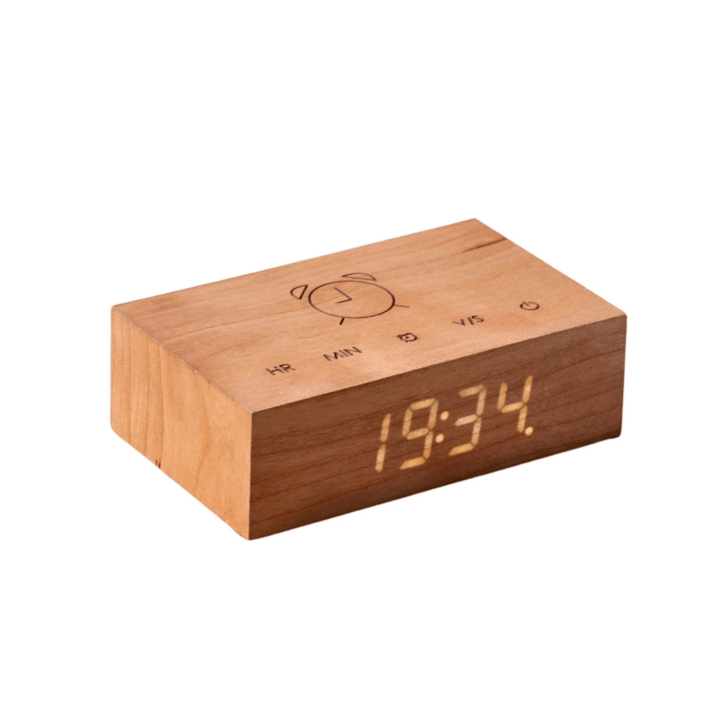 Wood Flip Click Clock with warm amber LED digits on the front display