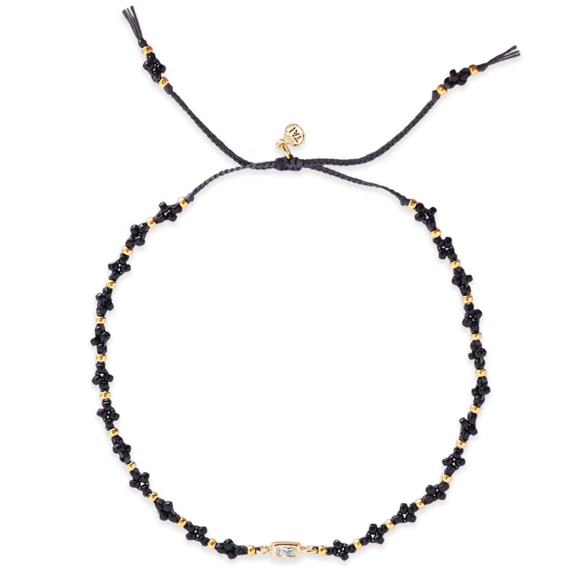 Tiny Beaded Knotted Bracelet with Clear CZ Baguette Charm