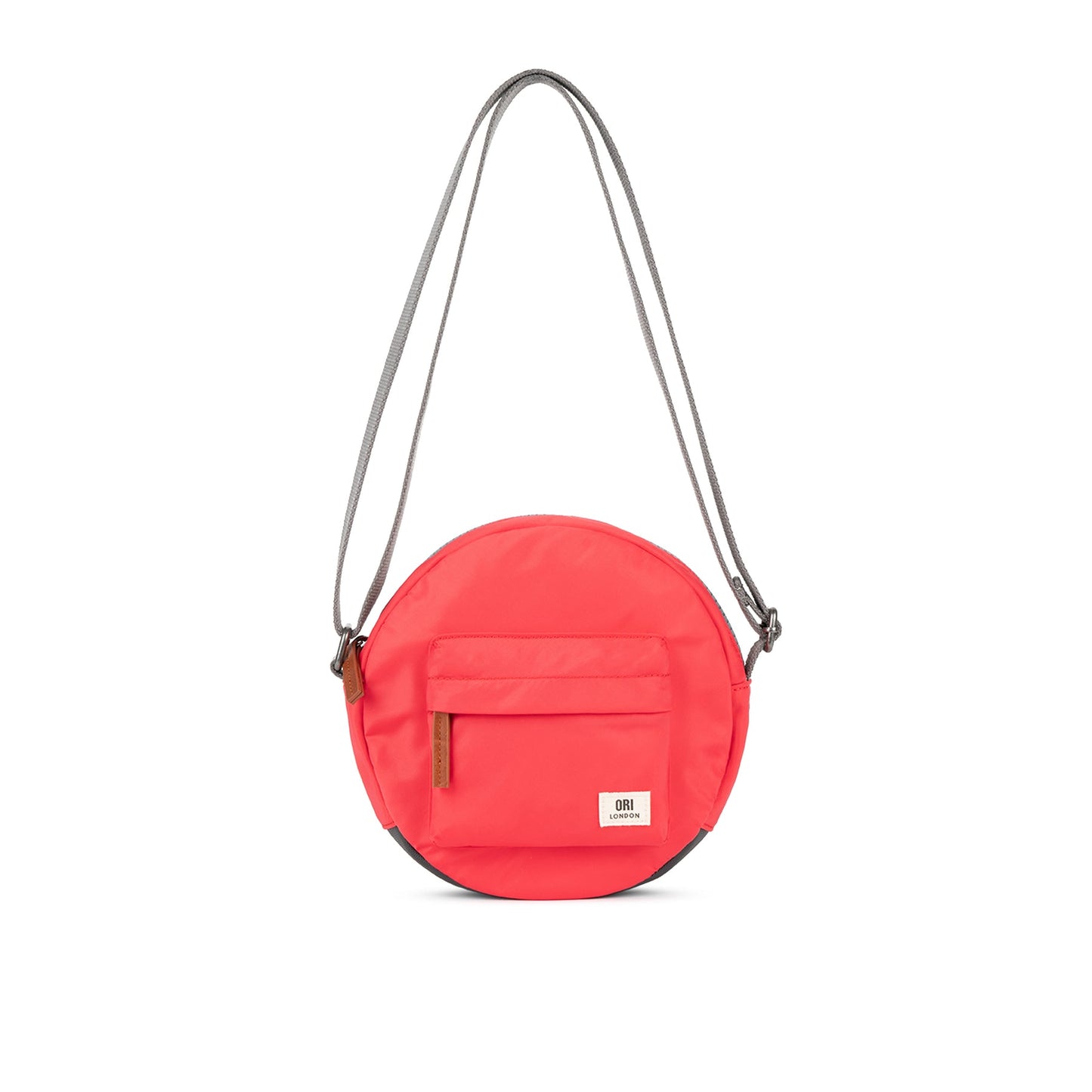Recycled canvas crossbody bag, round red design with short zippered front pocket