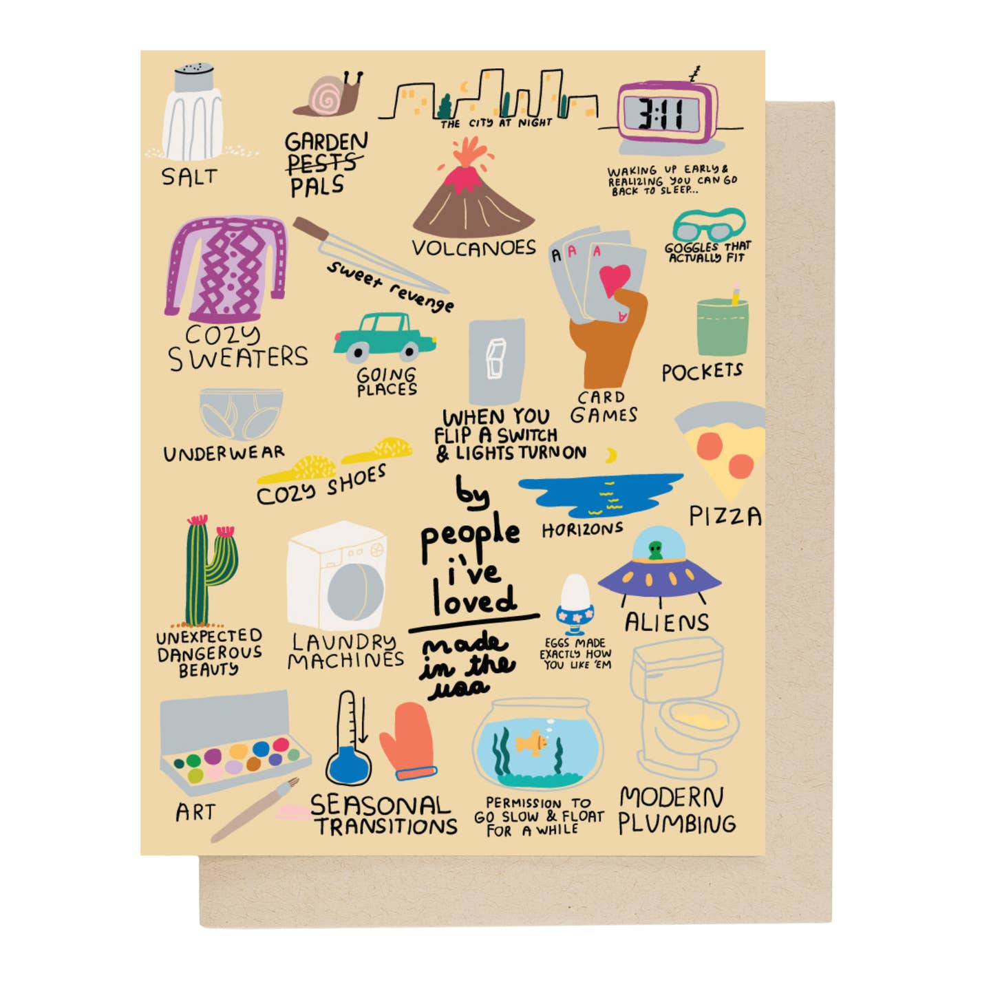 New Year card: collage of icons like salt, garden pests, waffles, underwear, pizza