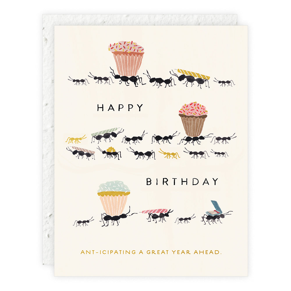 Birthday card with cupcakes and ant illustrations, 'HAPPY BIRTHDAY' text.