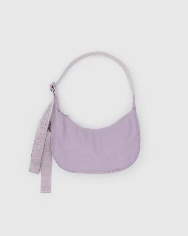 Small nylon crescent bag in lavender with matching adjustable shoulder strap