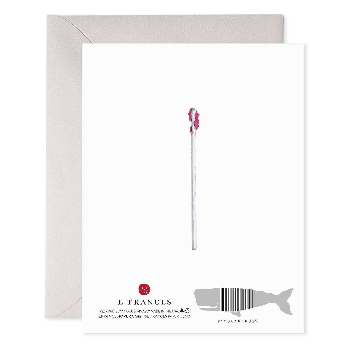 Greeting card back with a single heart lollipop stick and E. Frances stamp
