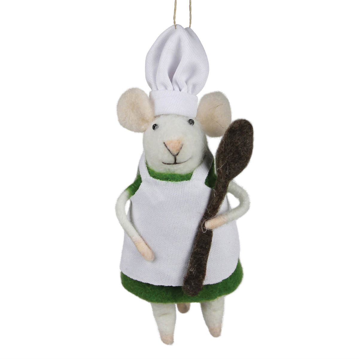 Felt chef mouse ornament with spoon, white and green apron, hanging loop