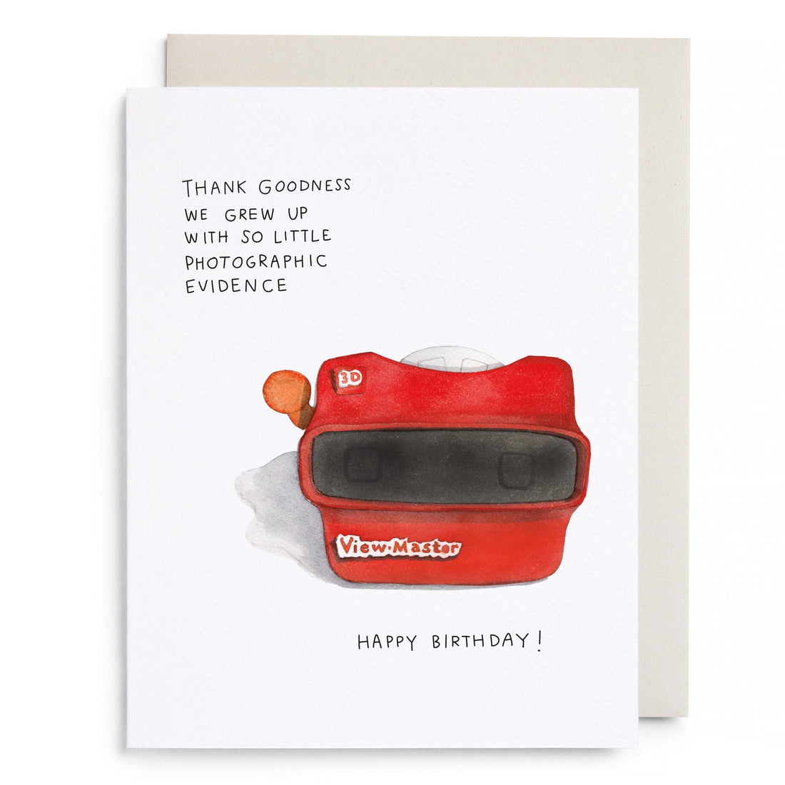 Red viewfinder illustration birthday card with 'Happy Birthday!' and gratitude message