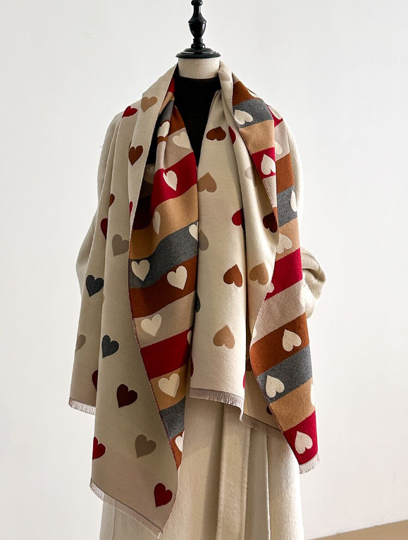 Beige heart print wrap scarf with multicolor hearts, soft drape