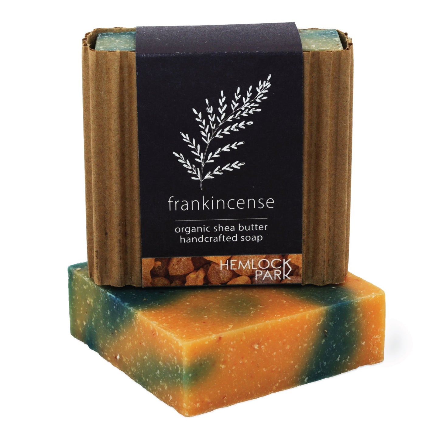Frankincense organic shea butter soap bar with teal and orange tones and dark label wrap