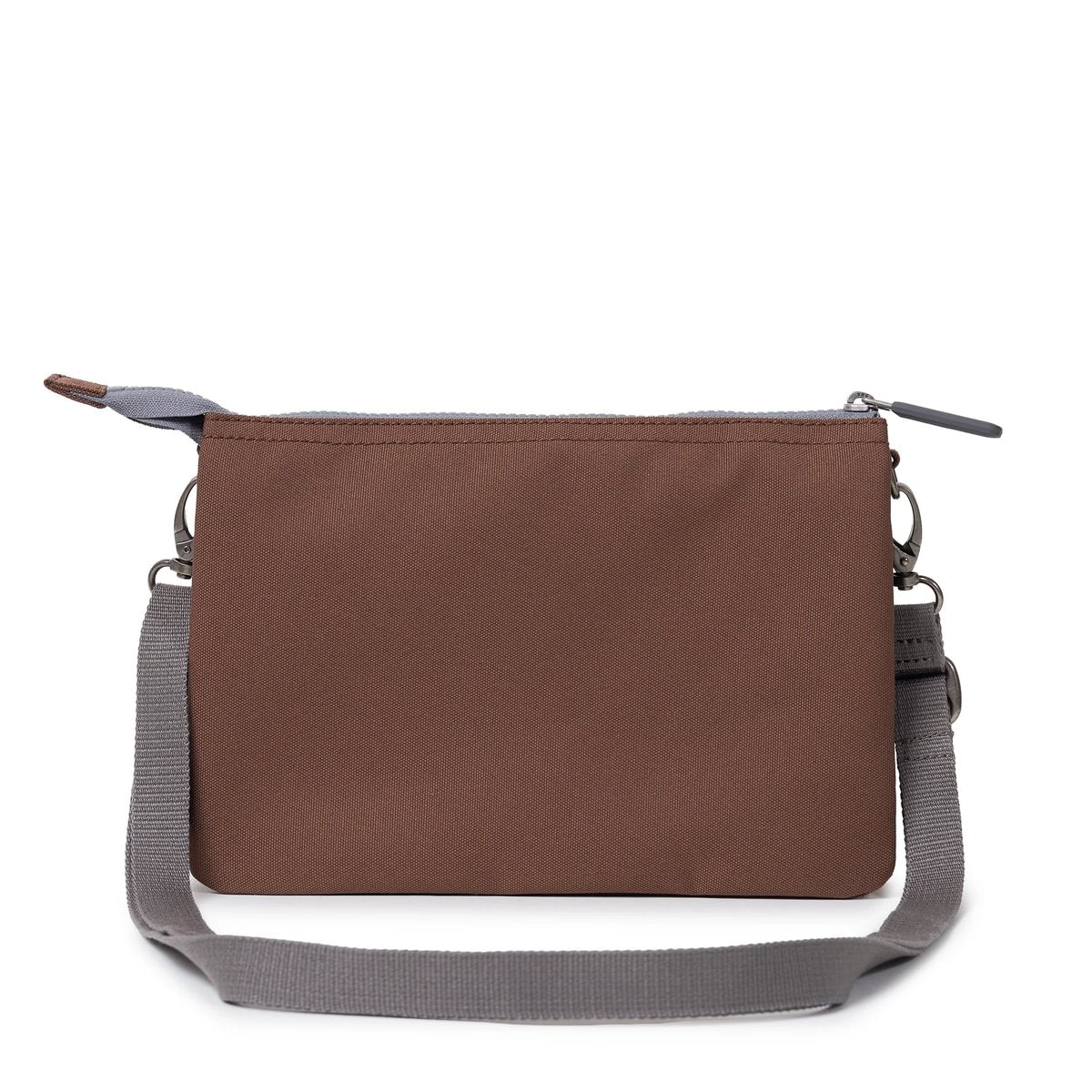 Medium canvas zipper pouch, brown front with gray crossbody strap