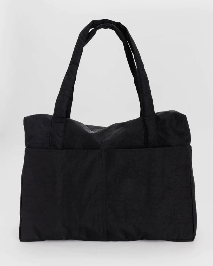 Carry-on travel bag in black with short top handles and structured rectangular shape.