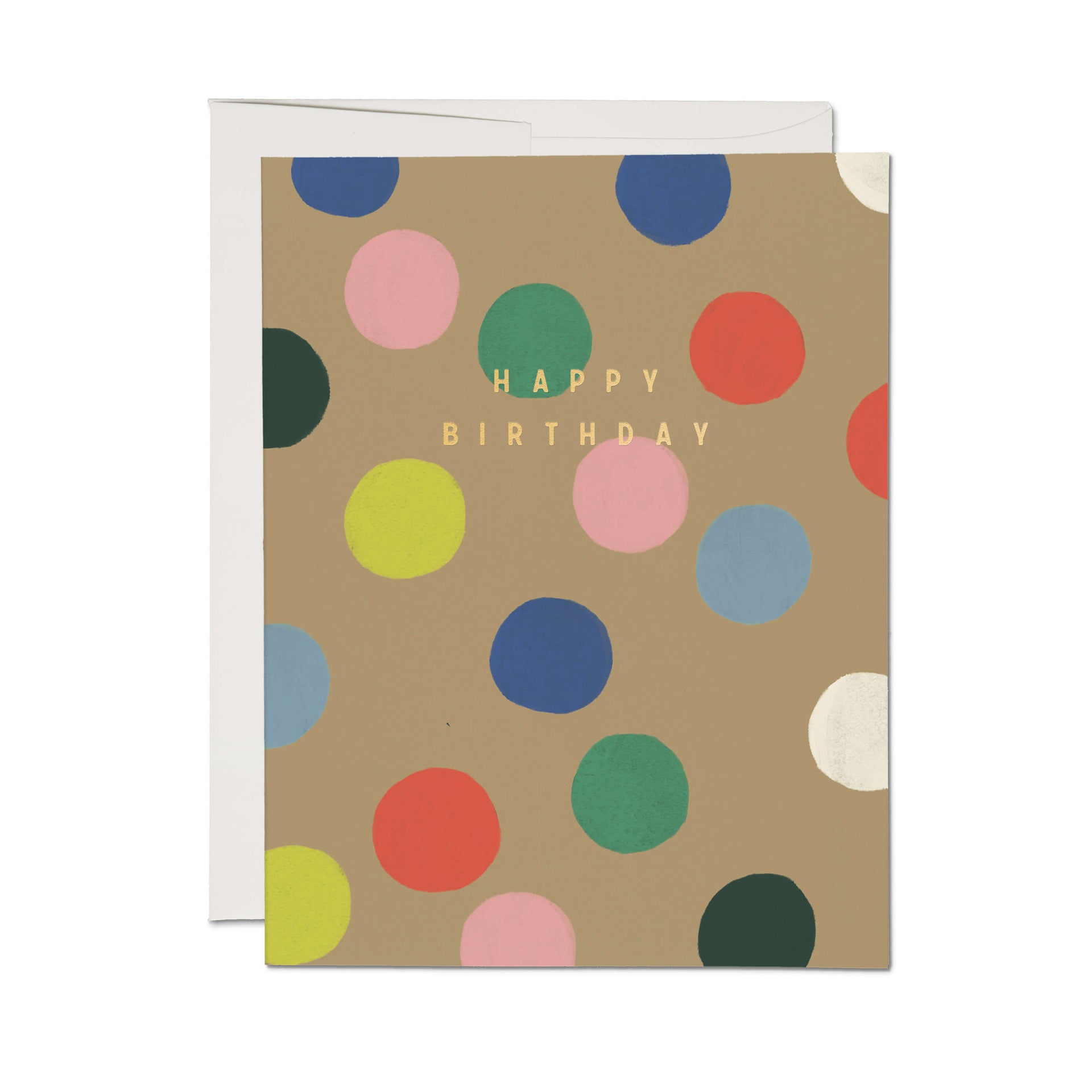 Birthday card with rainbow polka dots and gold Happy Birthday lettering