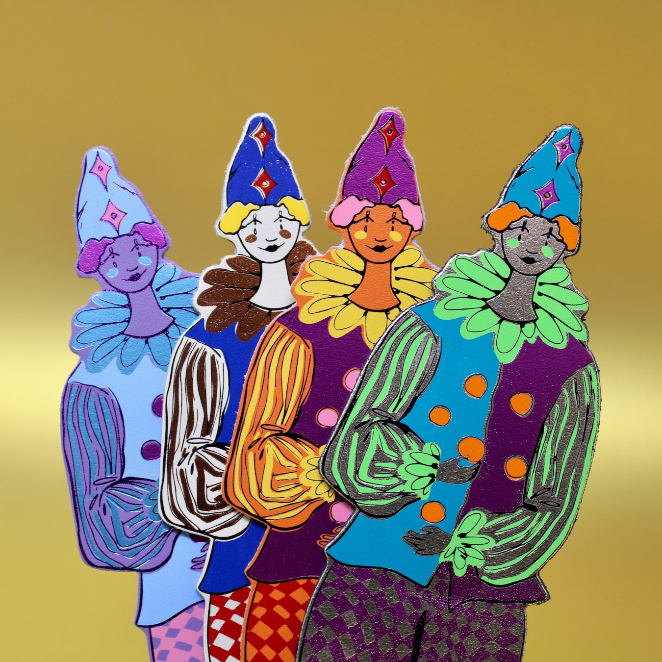 Clown-shaped leather bookmark with multicolor jester design, lilac and orange accents