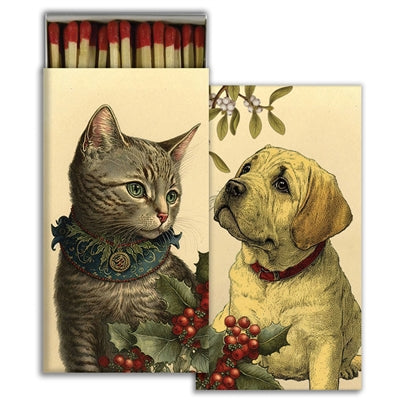 Christmas pet match set with illustrated cat and dog matchbooks and red tips
