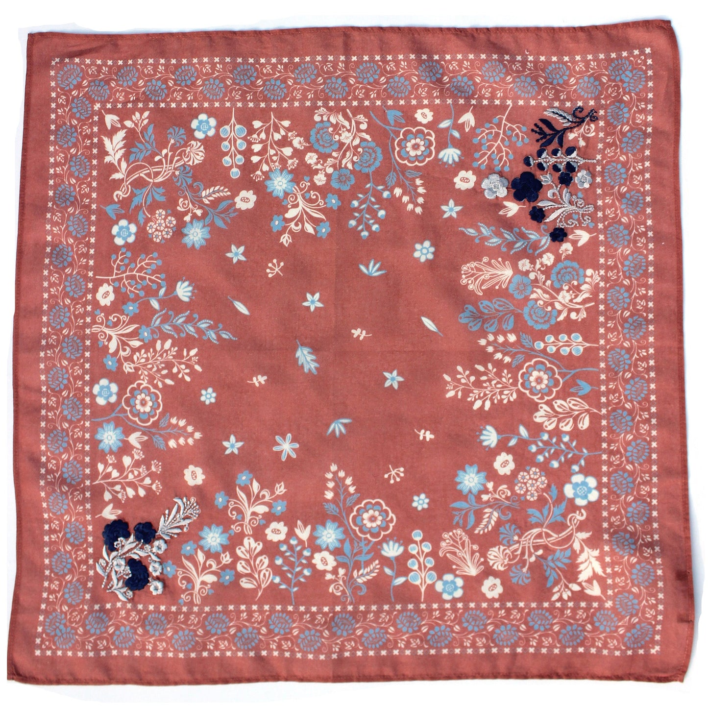 Dusty rose floral cotton bandana with border and navy flower accents