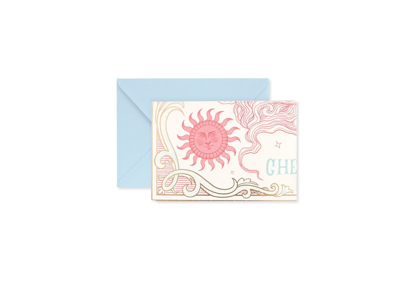 Pop-up card corner design with sun icon on pink art, partially showing blue envelope