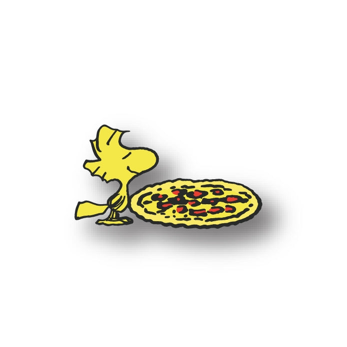 Woodstock pin of yellow bird beside pizza illustration