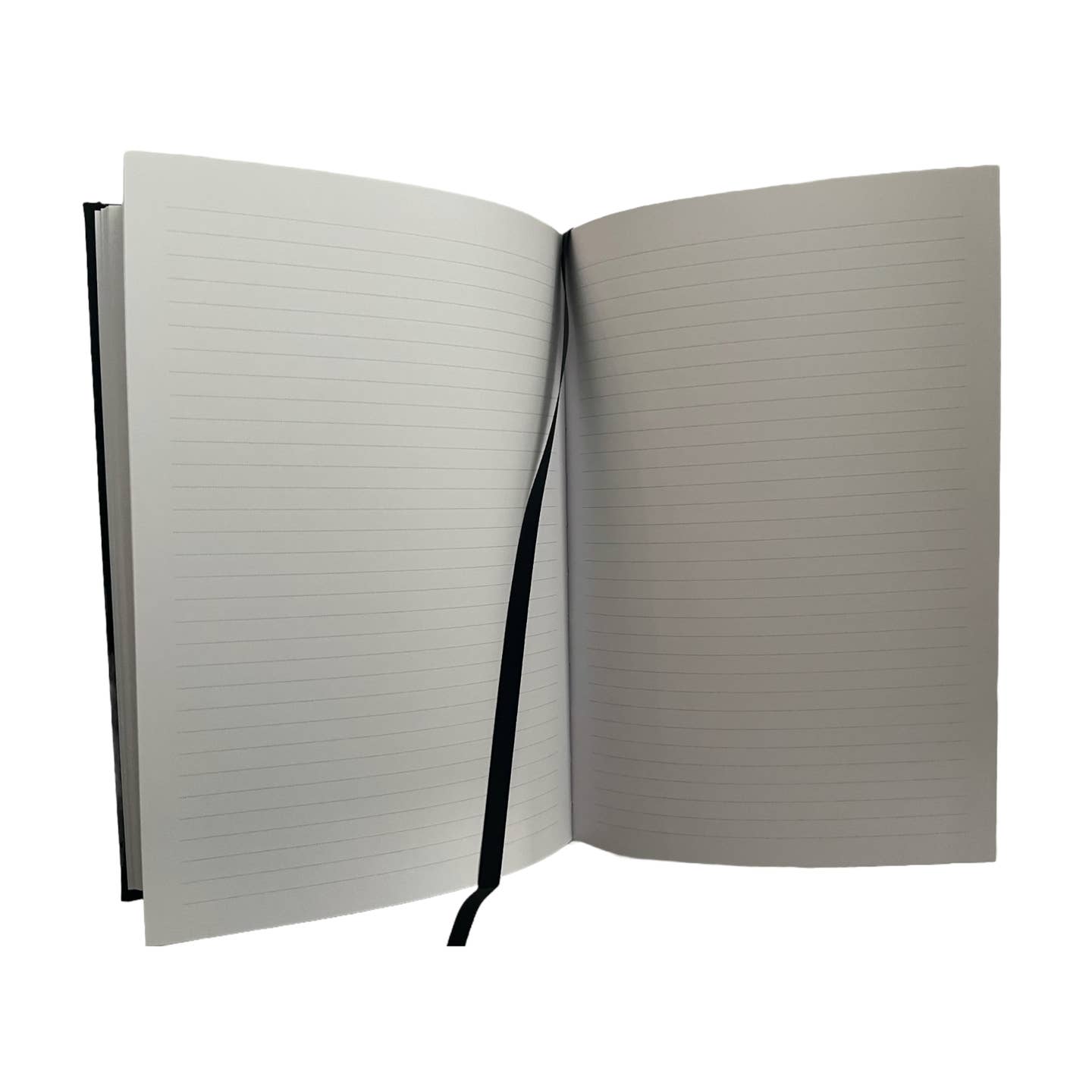 Evil eye journal opened to lined pages, with black elastic bookmark