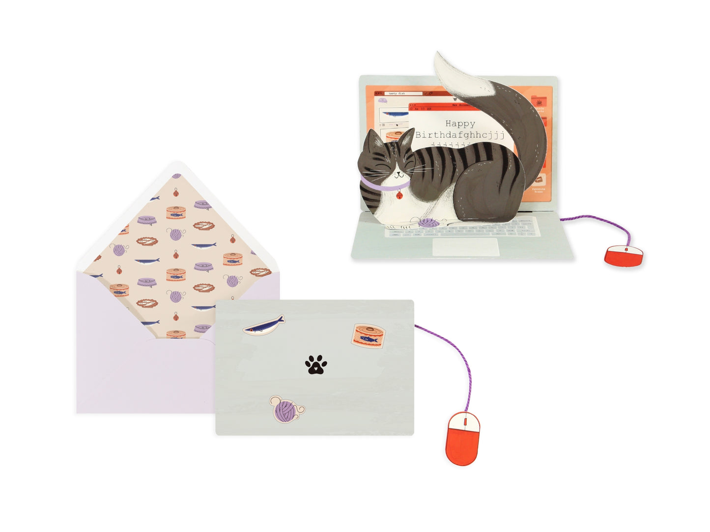 Birthday pop-up card with black cat pop-up and two envelopes, one with paw and yarn icons