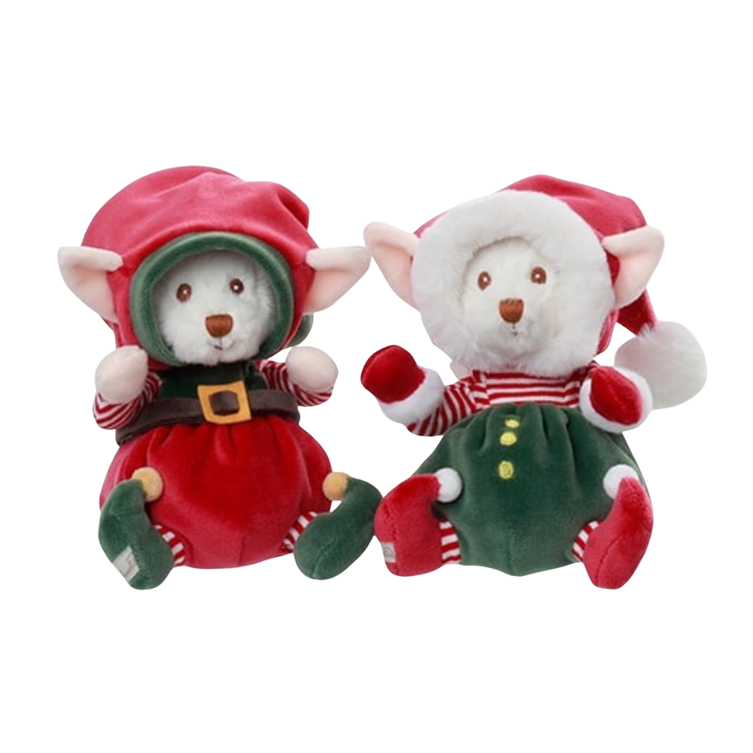 Set of two plush elf dog toys in red outfits, green hats, striped sleeves, and pom trim