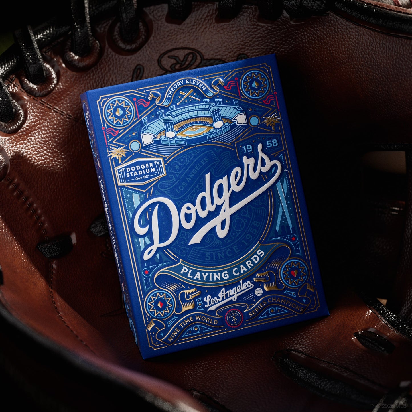 Blue Dodgers playing cards deck in brown leather bag