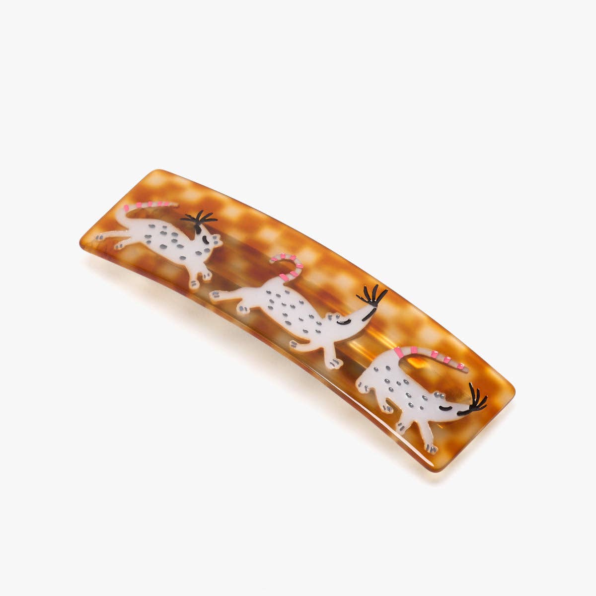 Amber translucent French barrette with three white-and-gray mice cartoon faces