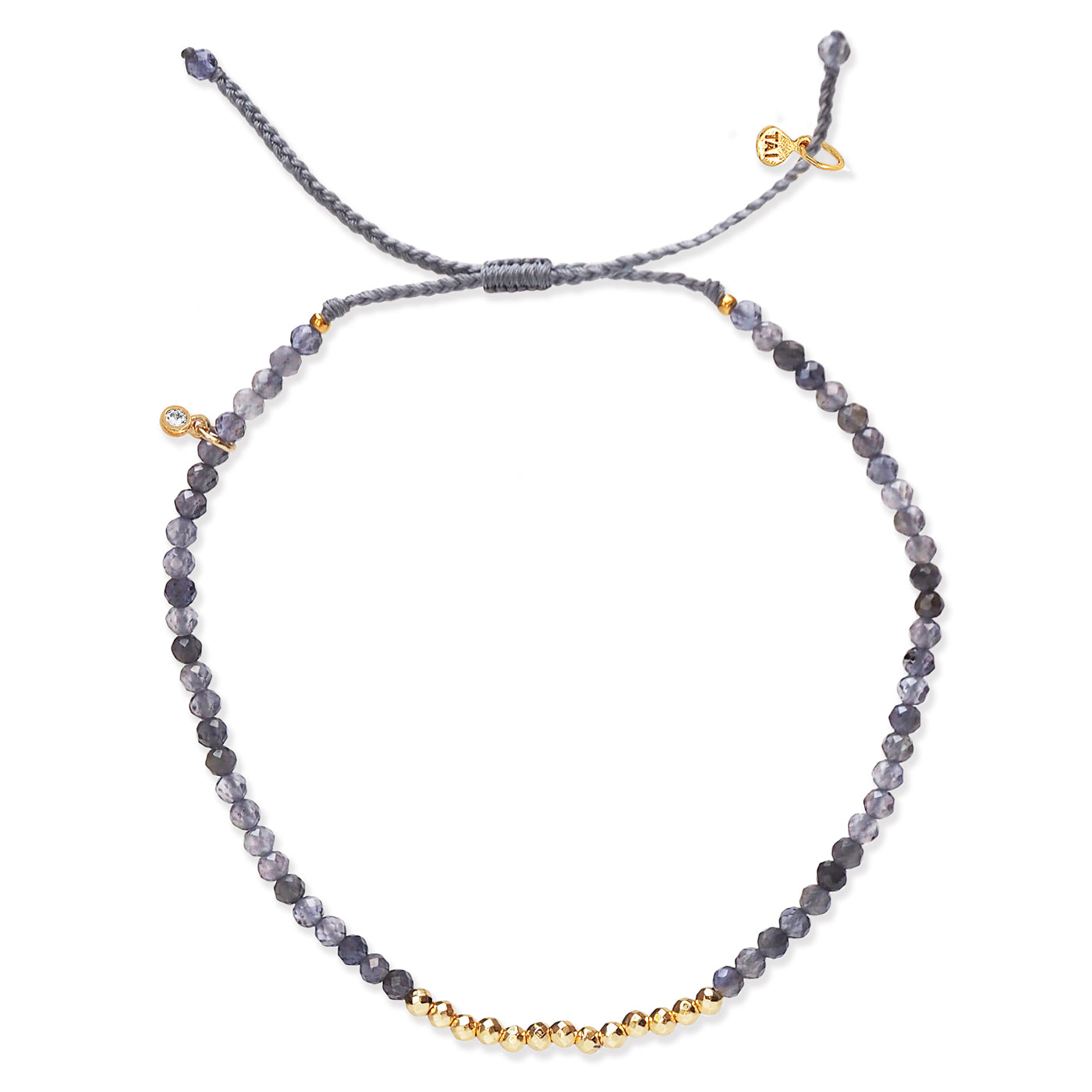 Natural stone bead bracelet with dark gray round beads and small gold spacer beads