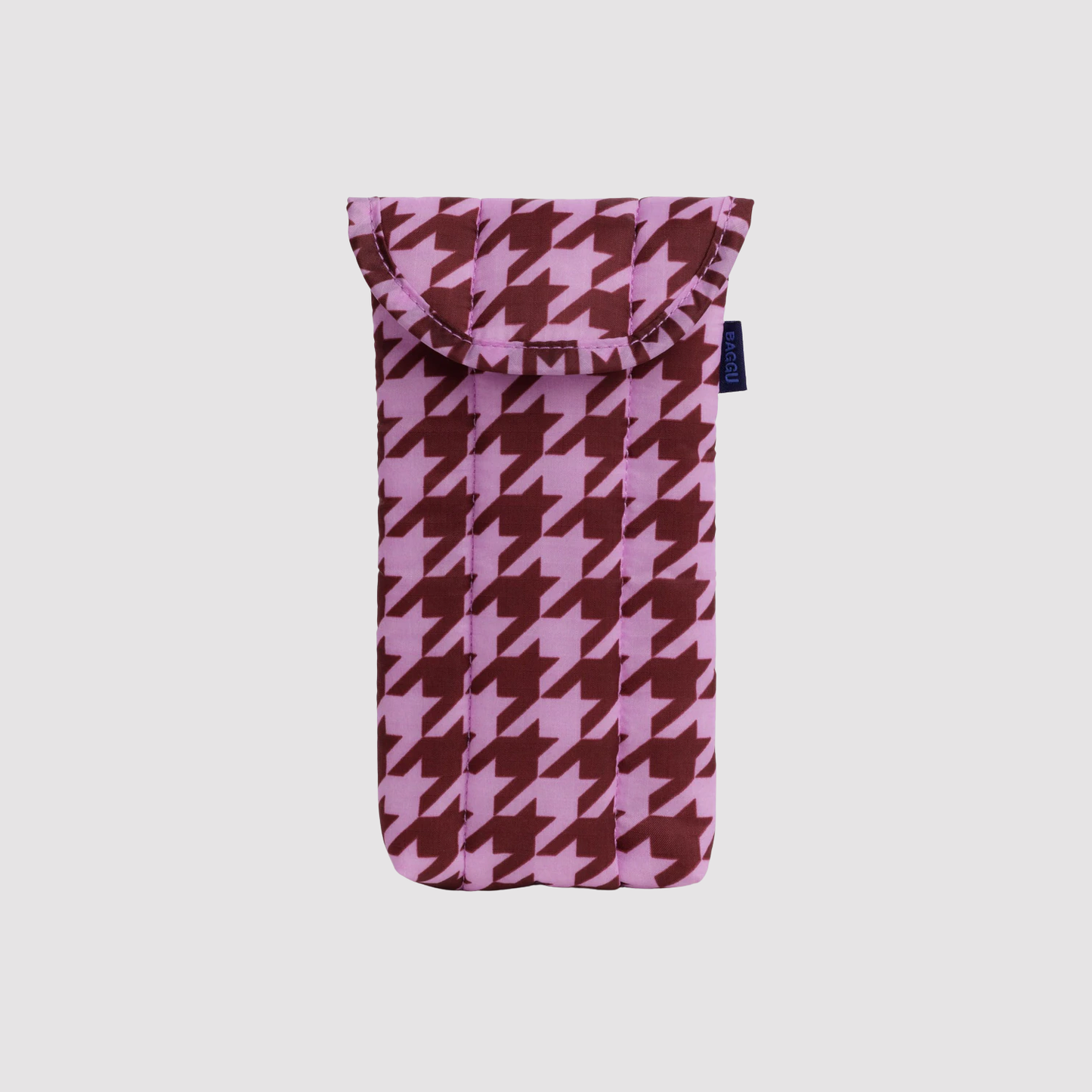 Padded glasses sleeve in purple and white houndstooth check with fold-over flap