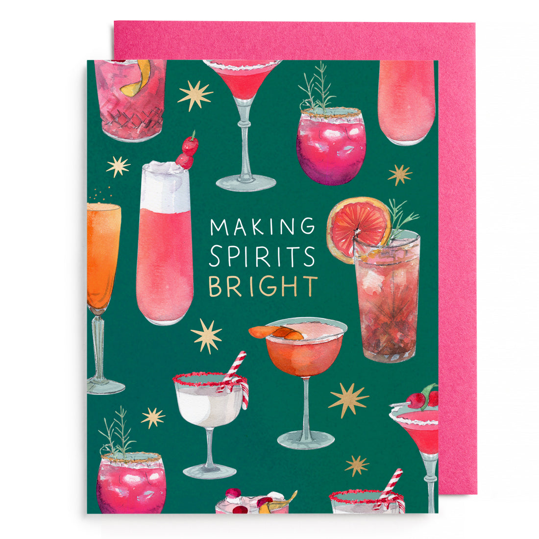 Boxed set of six greeting cards with illustrated cocktails on teal and pink front panel