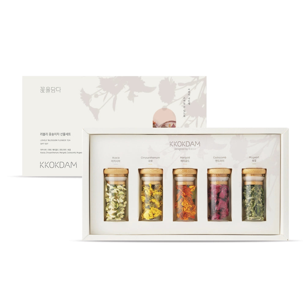 Flower tea gift set: six glass jars of dried blossoms in a display box