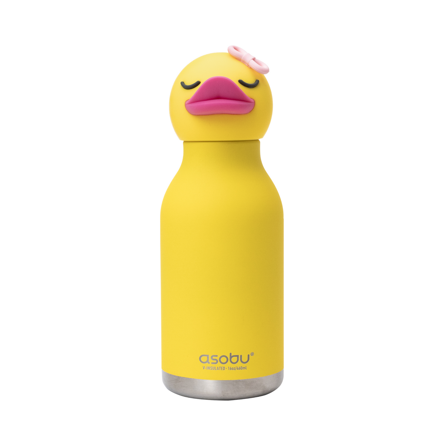 16oz Bestie ducky water bottle, yellow with pink duck face, asobu