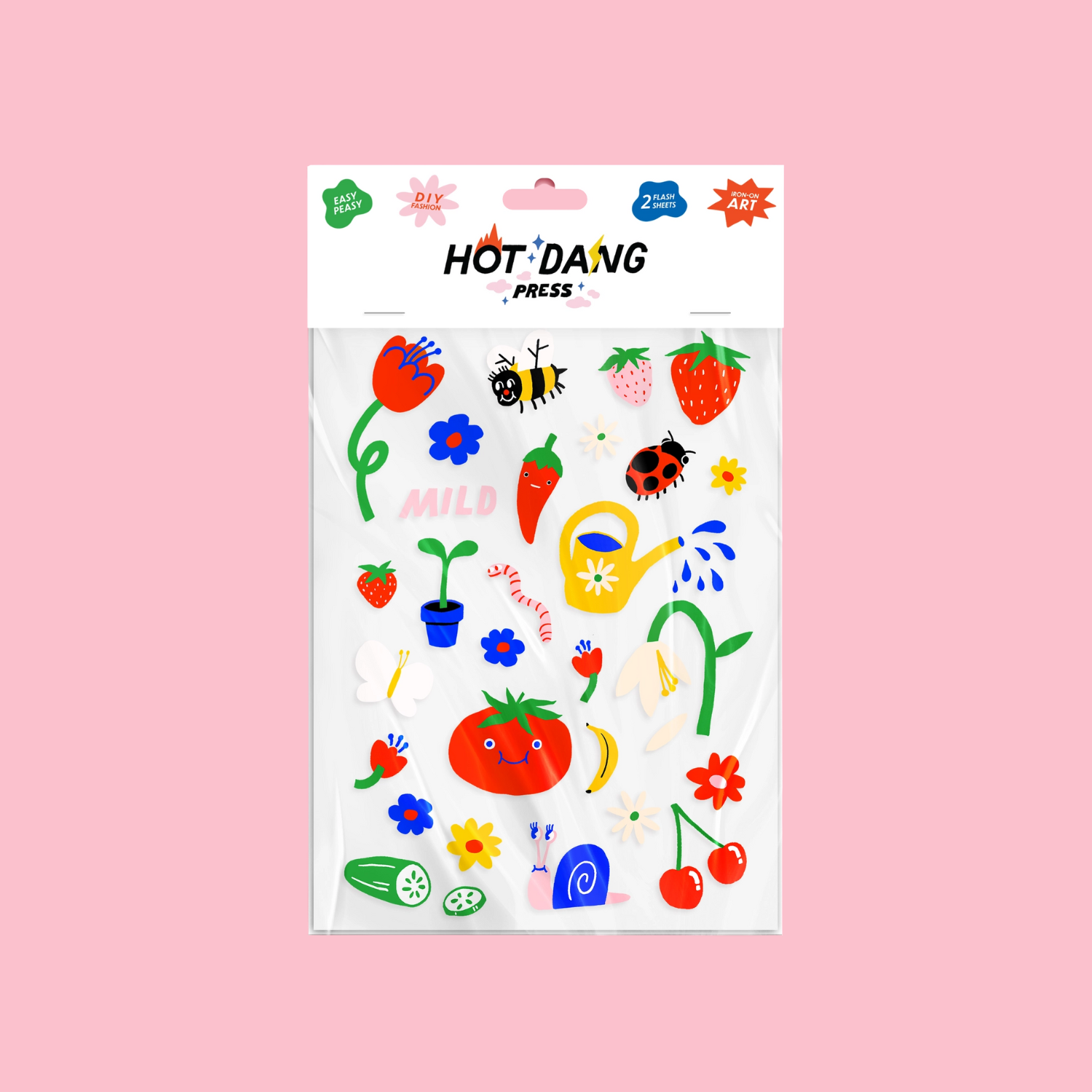 Iron-on sheet set with colorful garden transfer motifs on white backing