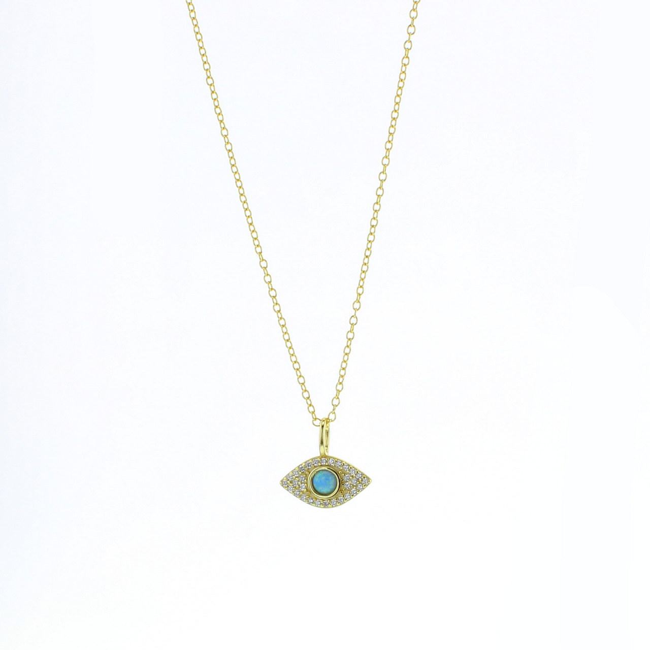 Gold necklace with eye pendant and blue center stone