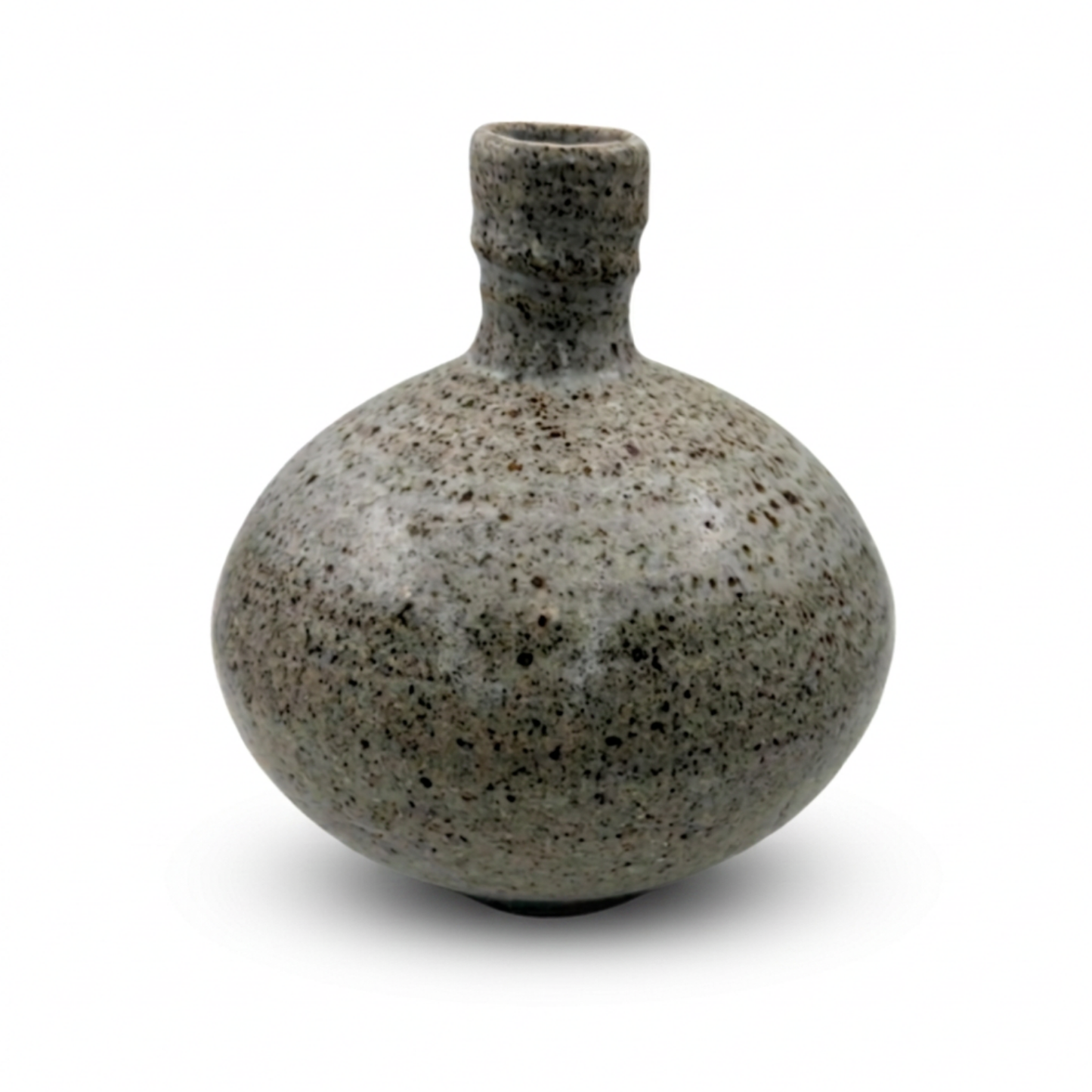 Speckled ceramic planter, rounded belly and short narrow neck with dark mottled specks