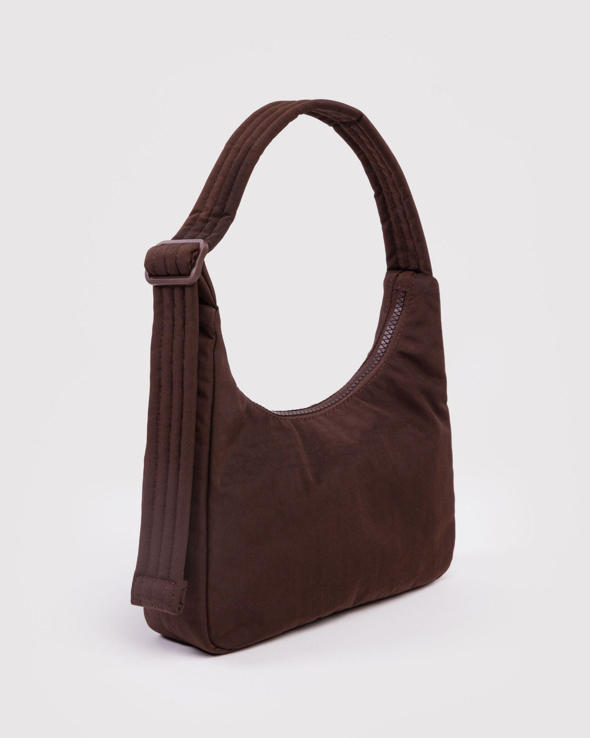 Dark brown mini nylon shoulder bag with adjustable shoulder strap