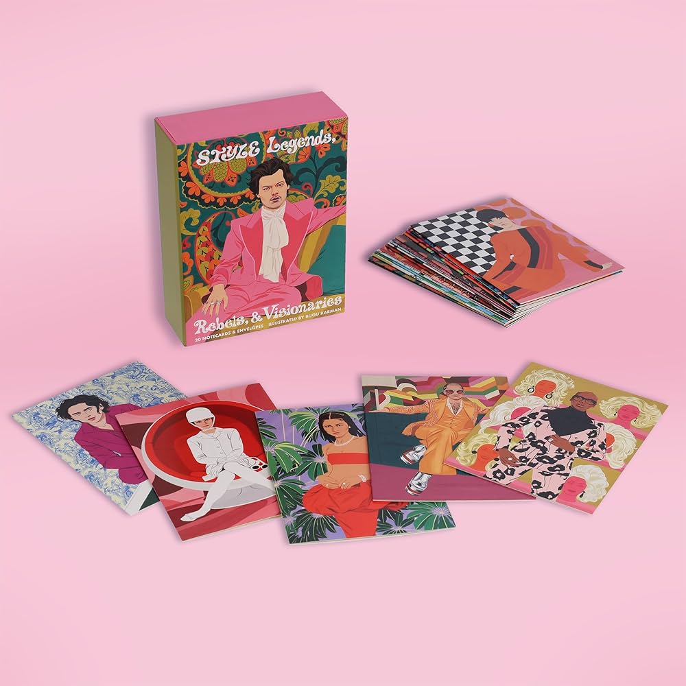 Colorful illustrated notecards and matching envelopes, fanned and boxed set