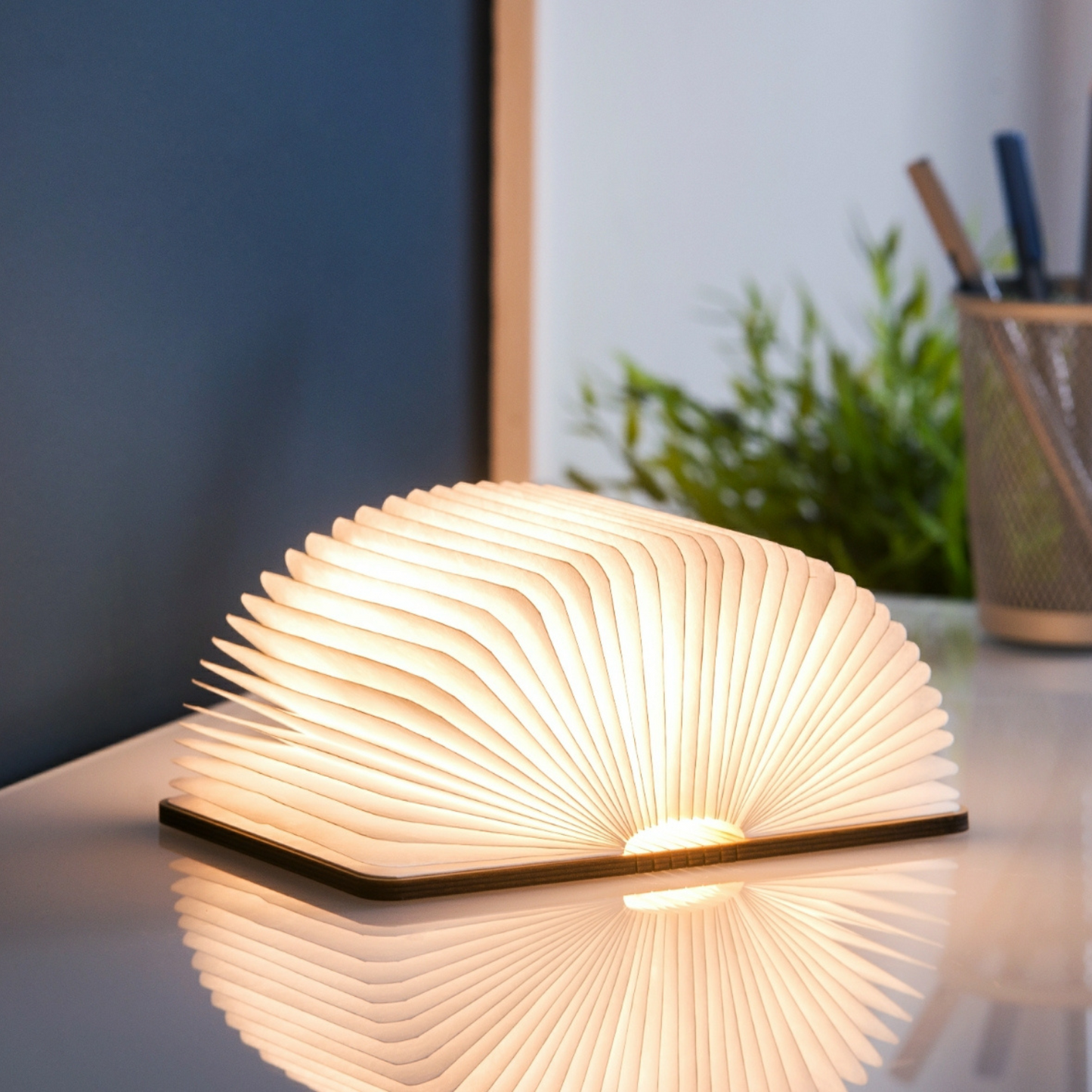 Maple wood mini booklight with slatted folding light panel, warm glow