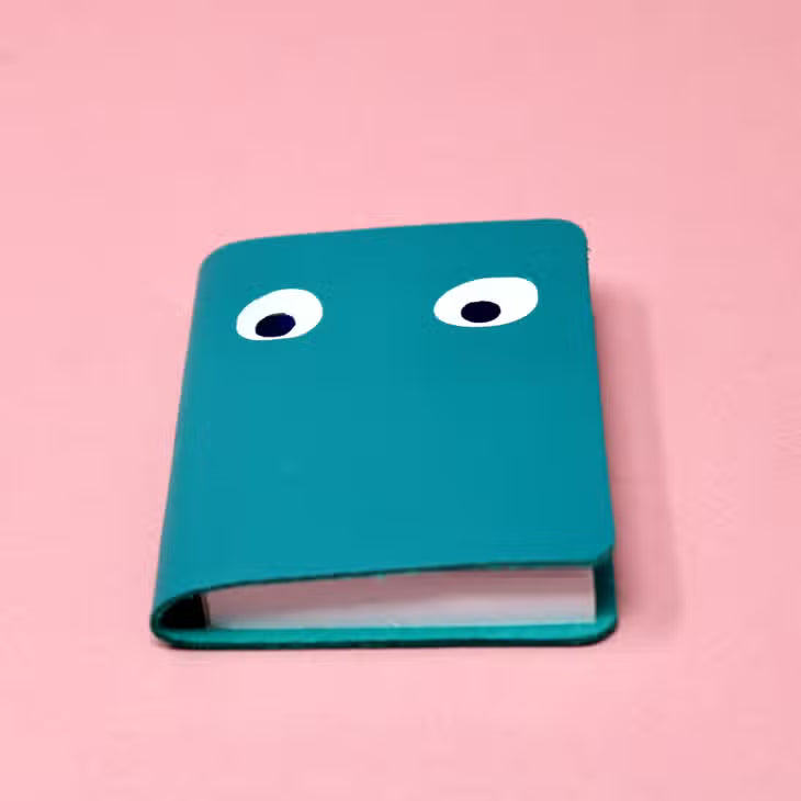 Turquoise mini leather notebook with two white googly eyes on the cover
