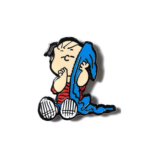 Enamel Linus Peanuts pin of cartoon boy with blue blanket and red-striped shirt