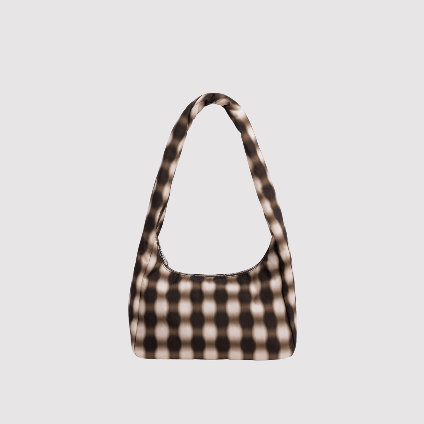 Small nylon meringue shoulder bag, brown and cream checkered pattern