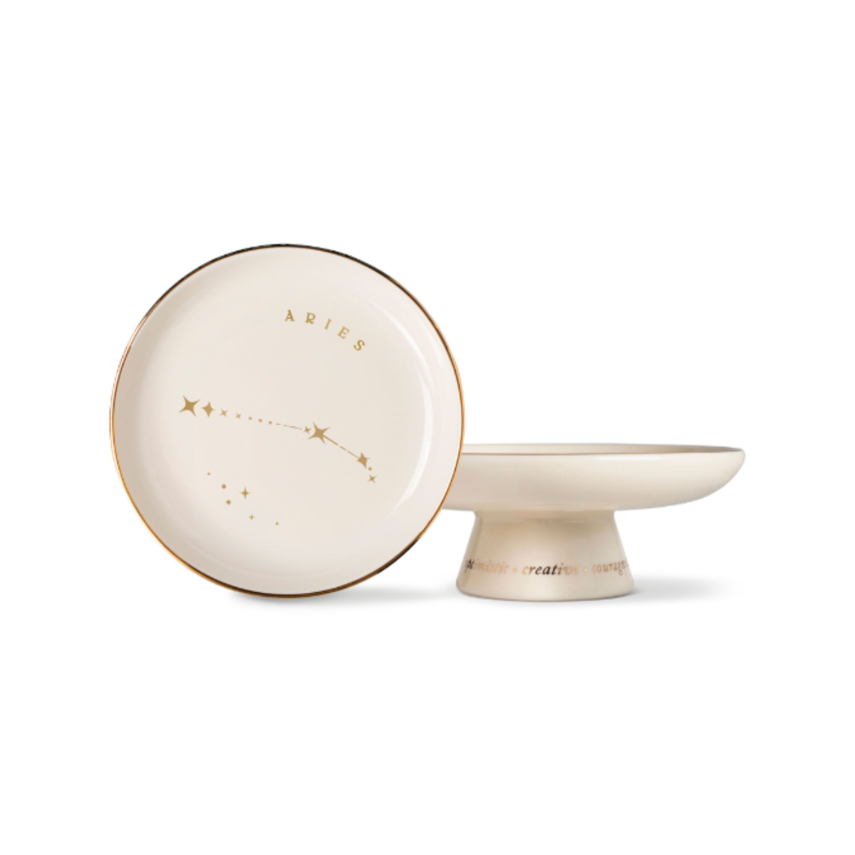 Aries starry pedestal tray, off-white round top with gold rim and constellation design