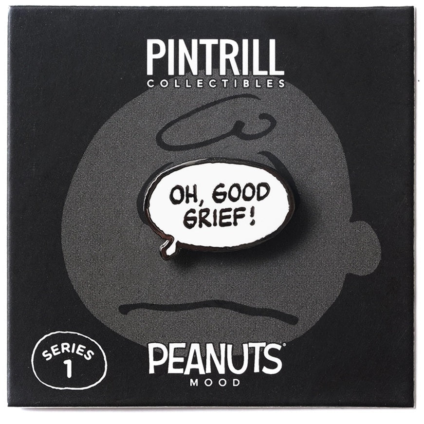 Peanuts mood pin on backing card; speech bubble design reads “Oh, good grief!”