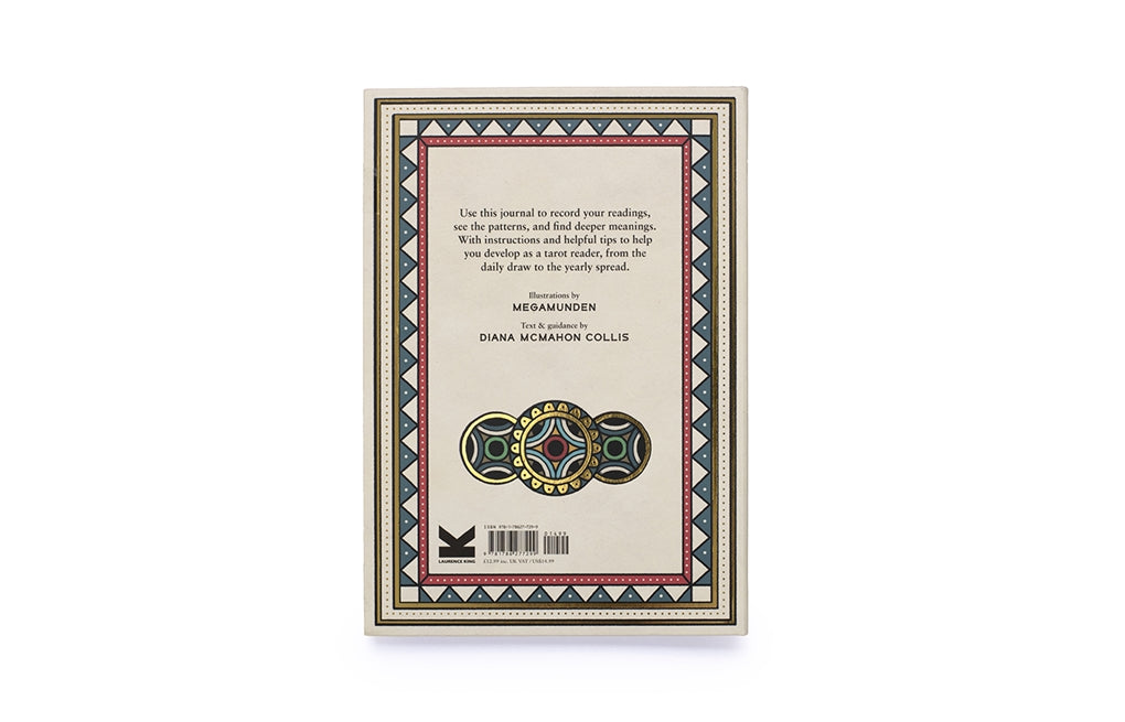 Tattoo tarot journal back cover with decorative border and gold rings icon
