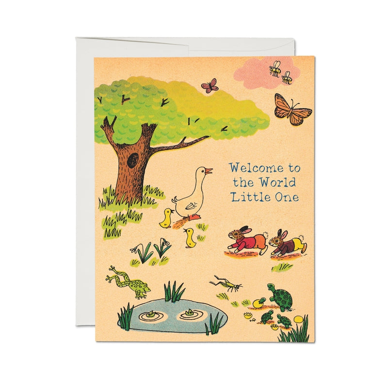 Baby greeting card with woodland animals and 'Welcome to the World Little One'