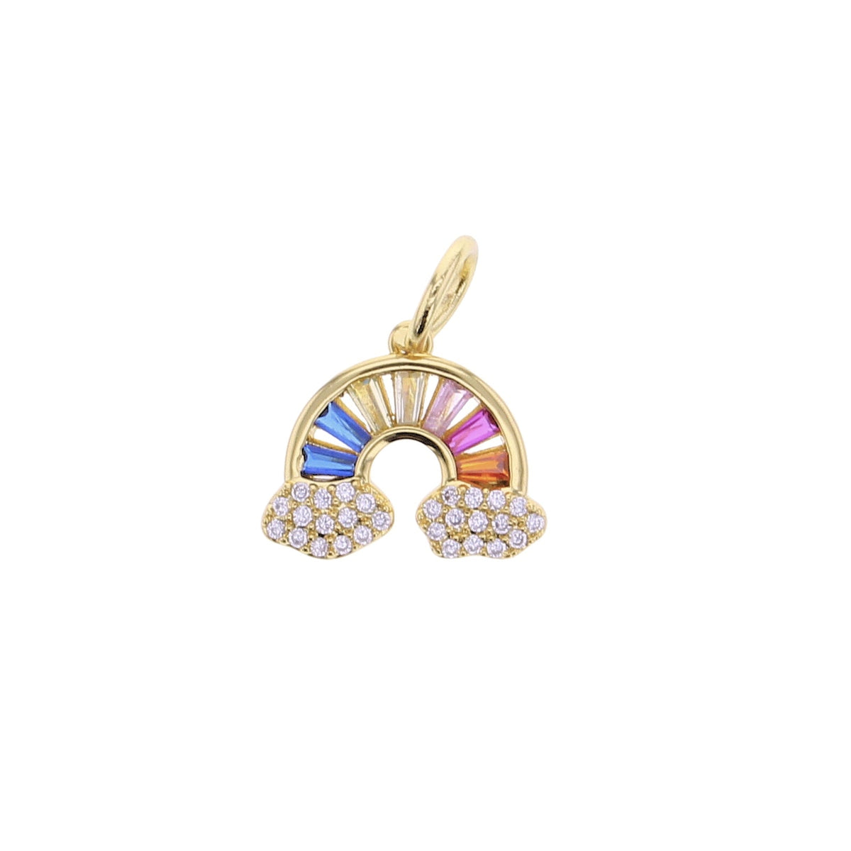 Gold rainbow charm pendant with multicolor CZ stones and round top loop