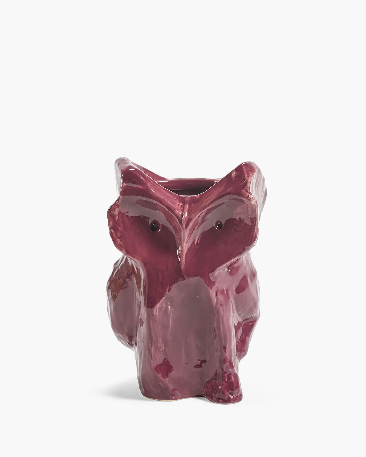 Glazed aubergine owl vase with upright ears and round hollow center opening