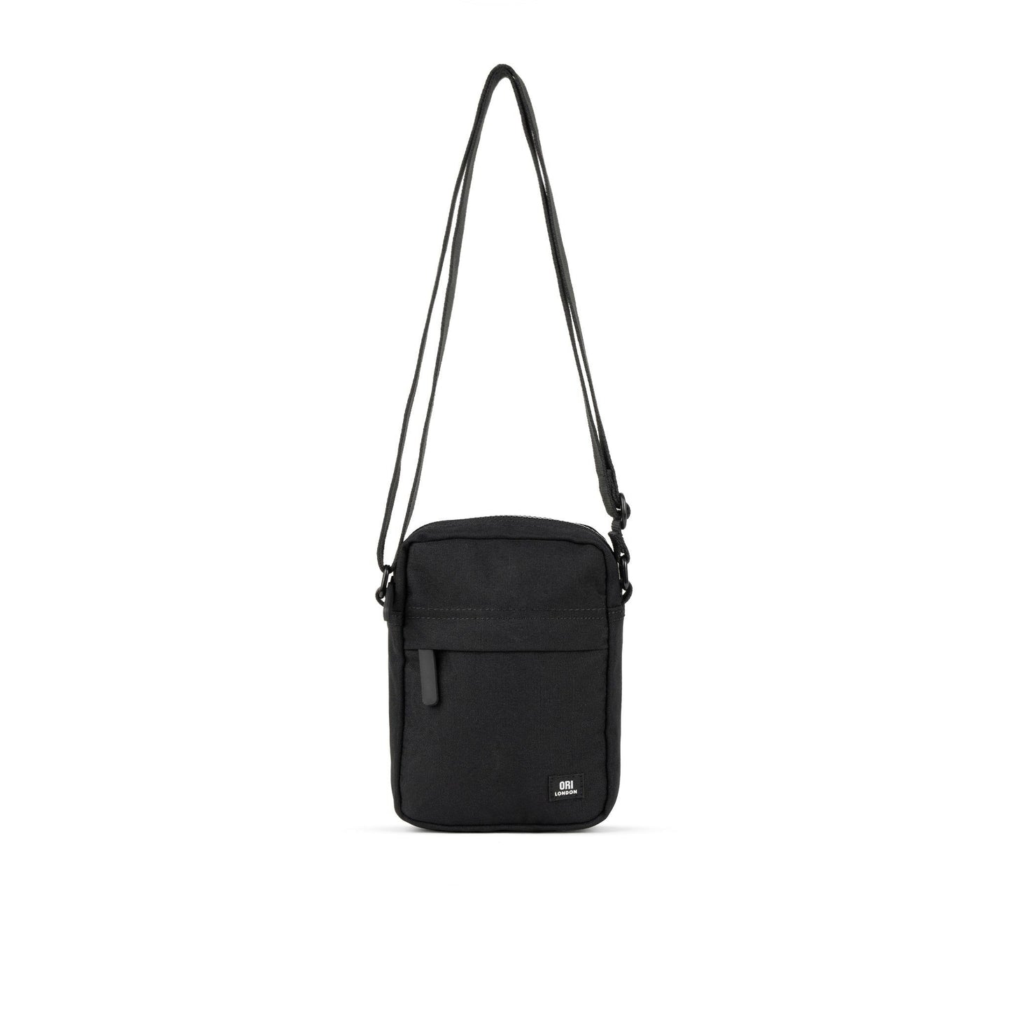All-black recycled canvas crossbody with flap closure and small front pocket