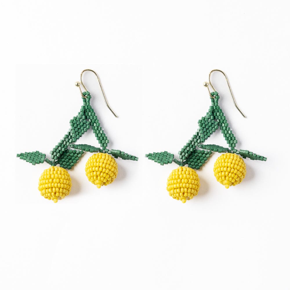 Beaded dangle earrings with green bows and yellow cherry-style beads on hooks